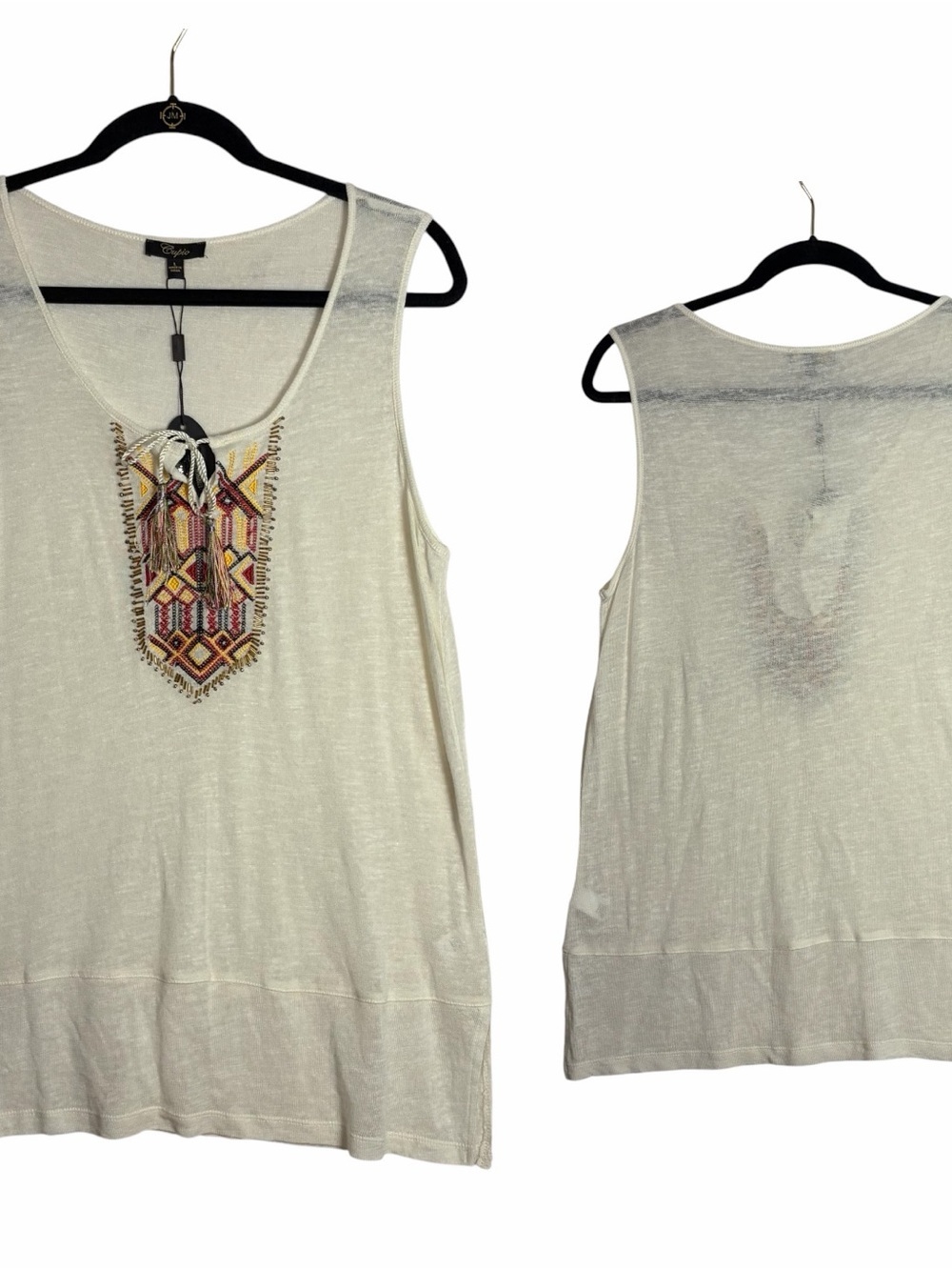 NEW Cupio Tank Top Sleeveless Blouse Ivory Sz L Aztec Bead Neckline Linen Blend